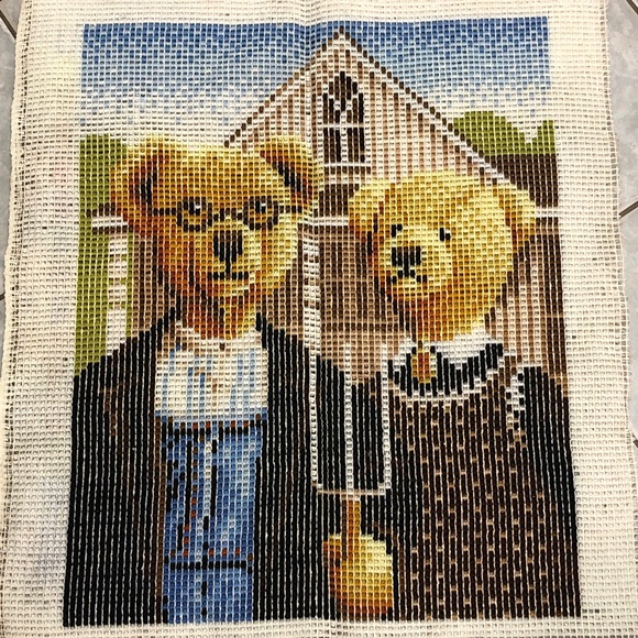 Teddy Bear American Gothic Tapestry with Farmhouse Scene Wool Rug / Wall Hanging - Picture 2 of 2